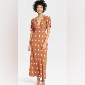 Target A New Day Crepe Puff Sleeve Brown/White Polka Dot Midi Dress, size XS -